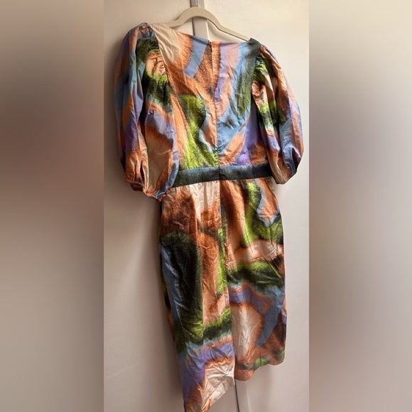 ROTATE Cara Watercolor Print Cutout Puff Sleeve Organic Cotton Dress 8/Medium - Picture 6 of 8